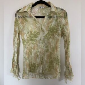 Y2K Green Pleated Sheer Floral Blouse